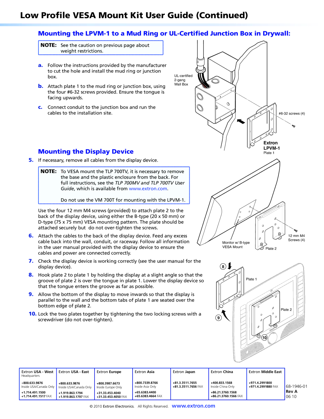 Extron electronic LPVM-1 installation instructions Mounting the Display Device, 68-1946-01 