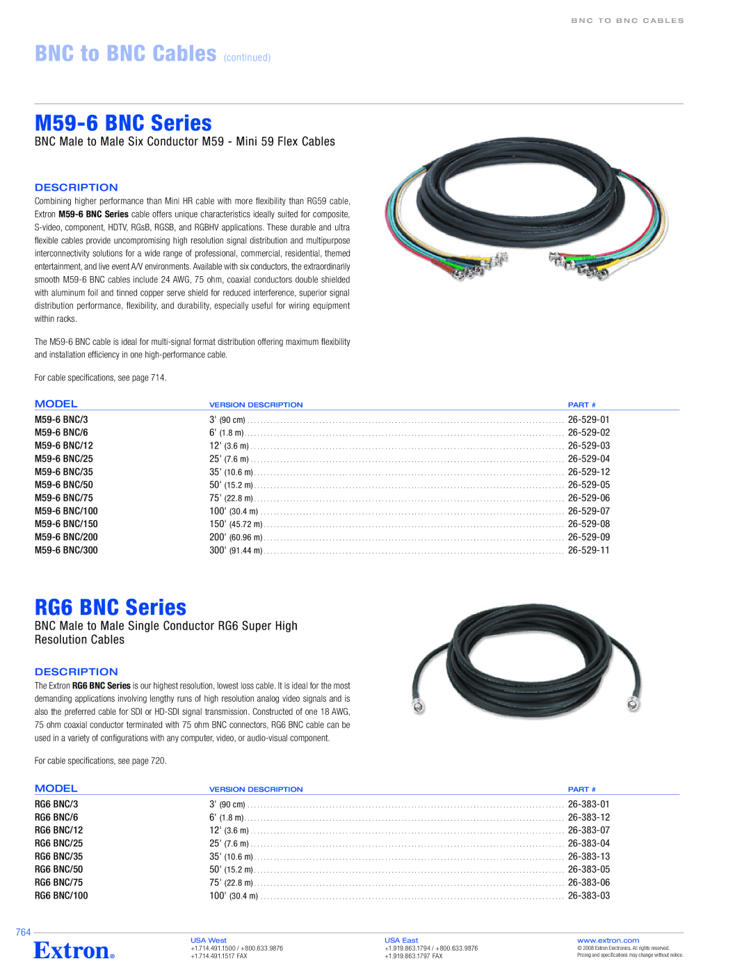 Extron electronic specifications BNC to BNC Cables, M59-6 BNC Series, RG6 BNC Series, Description 