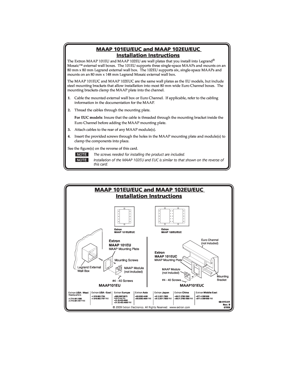 Extron electronic installation instructions MAAP 101EU/EUC and MAAP 102EU/EUC Installation Instructions, MAAP101EU 