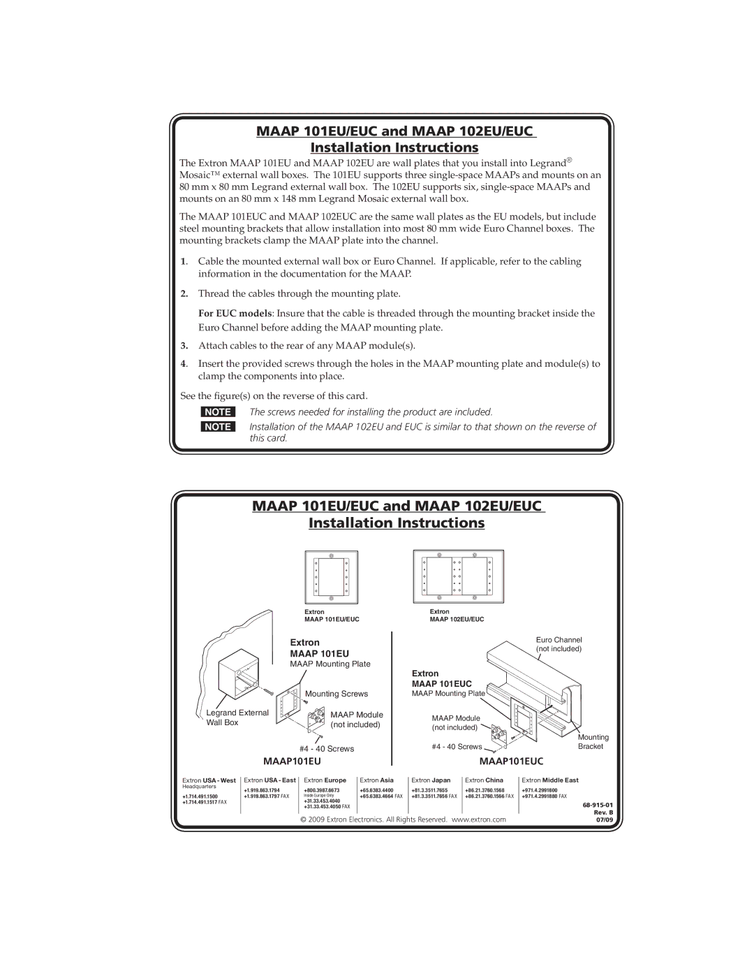 Extron electronic MAAP 102EU installation instructions Maap 101EU/EUC and Maap 102EU/EUC Installation Instructions 