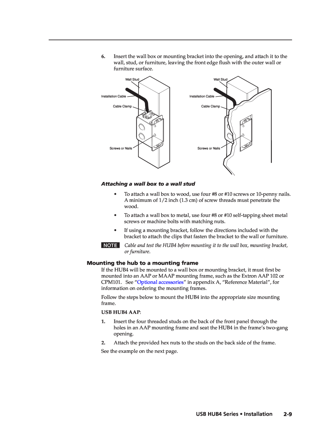 Extron electronic MAAP manual Attaching a wall box to a wall stud, Mounting the hub to a mounting frame, USB HUB4 AAP 