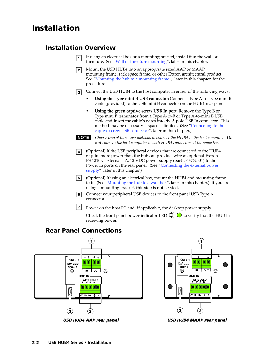 Extron electronic MAAP Installation Overview, Rear Panel Connections, USB HUB4 AAP rear panel USB HUB4 Maap rear panel 