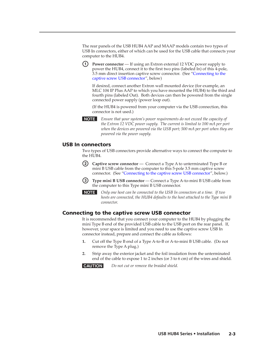 Extron electronic MAAP manual USB In connectors, Connecting to the captive screw USB connector 