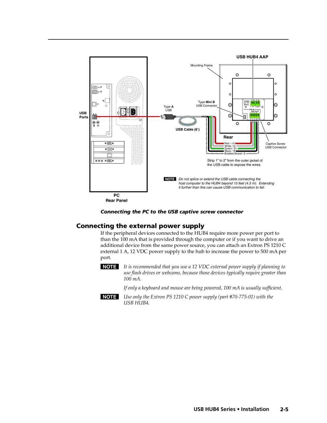 Extron electronic MAAP manual Connecting the external power supply, Connecting the PC to the USB captive screw connector 