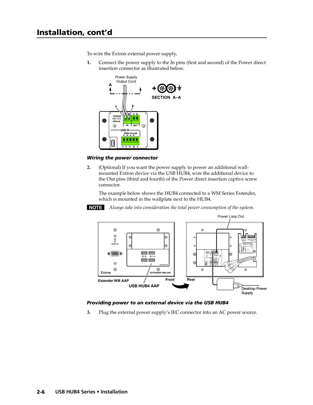 Extron electronic MAAP manual Wiring the power connector, Providing power to an external device via the USB HUB4 