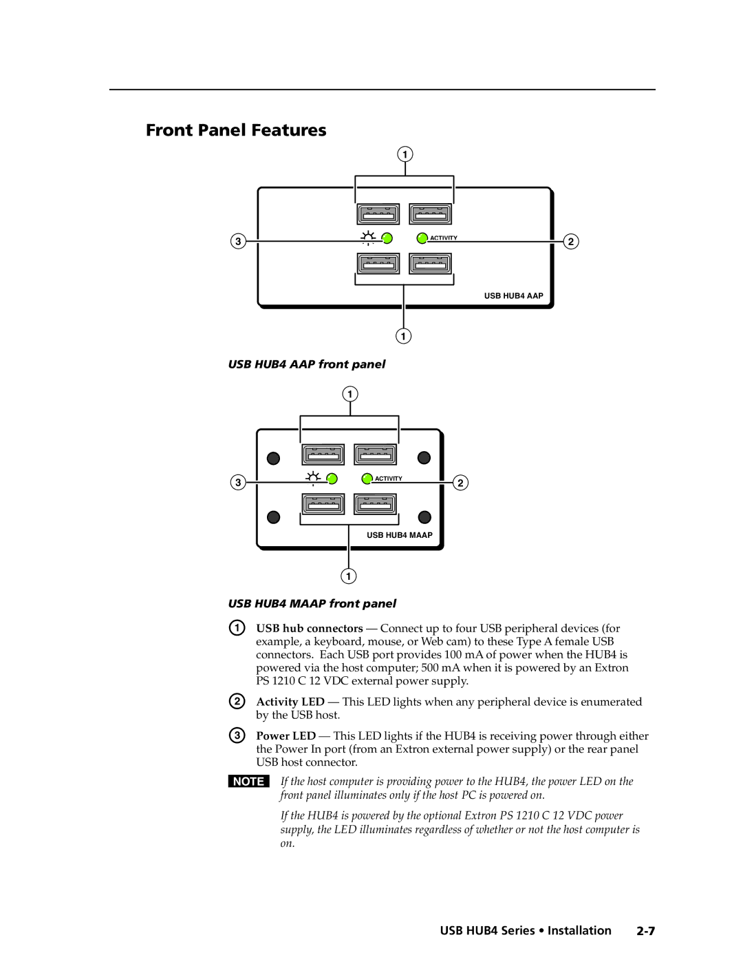 Extron electronic MAAP manual Front Panel Features, USB HUB4 AAP front panel, USB HUB4 Maap front panel 