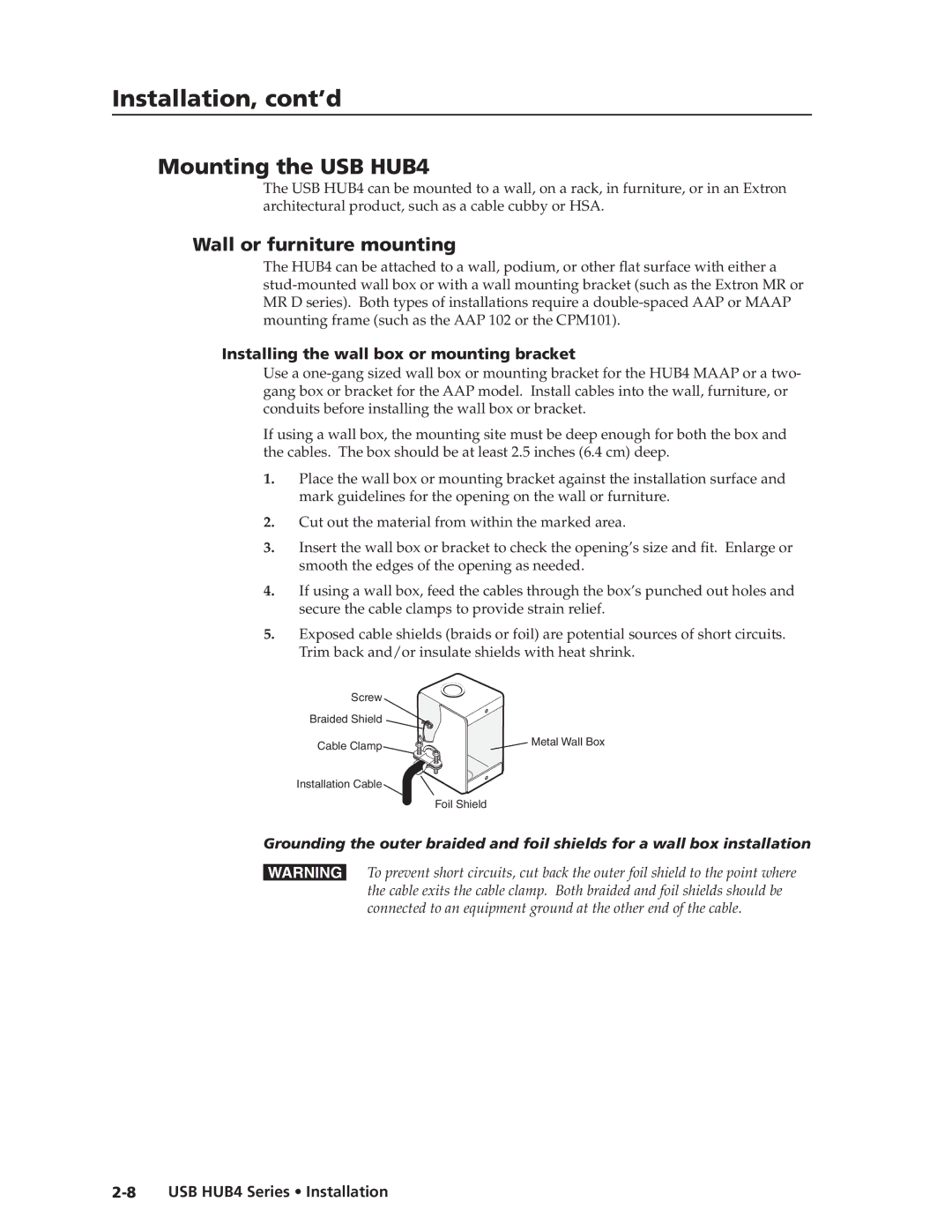 Extron electronic MAAP Mounting the USB HUB4, Wall or furniture mounting, Installing the wall box or mounting bracket 