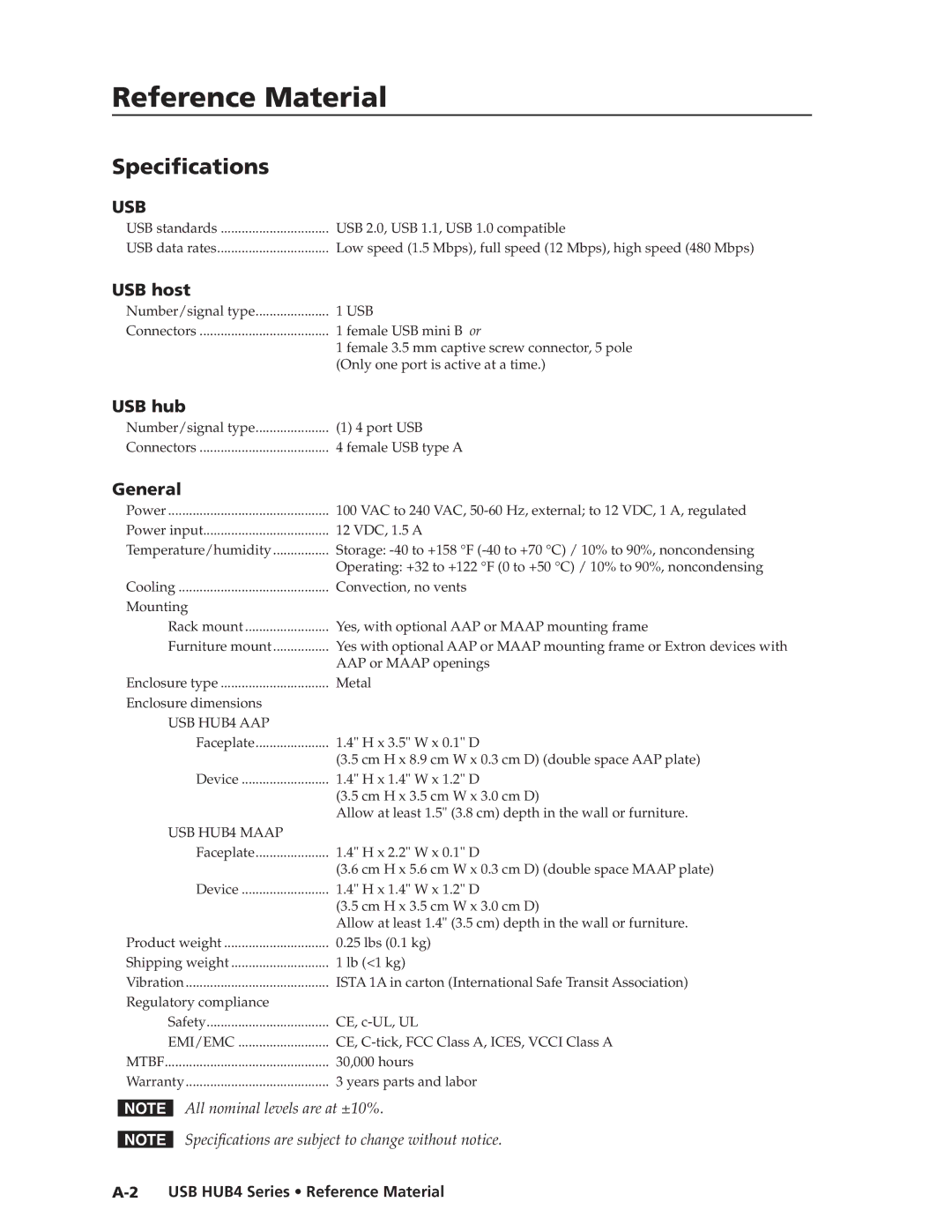 Extron electronic MAAP manual Specifications, USB HUB4 Series Reference Material 