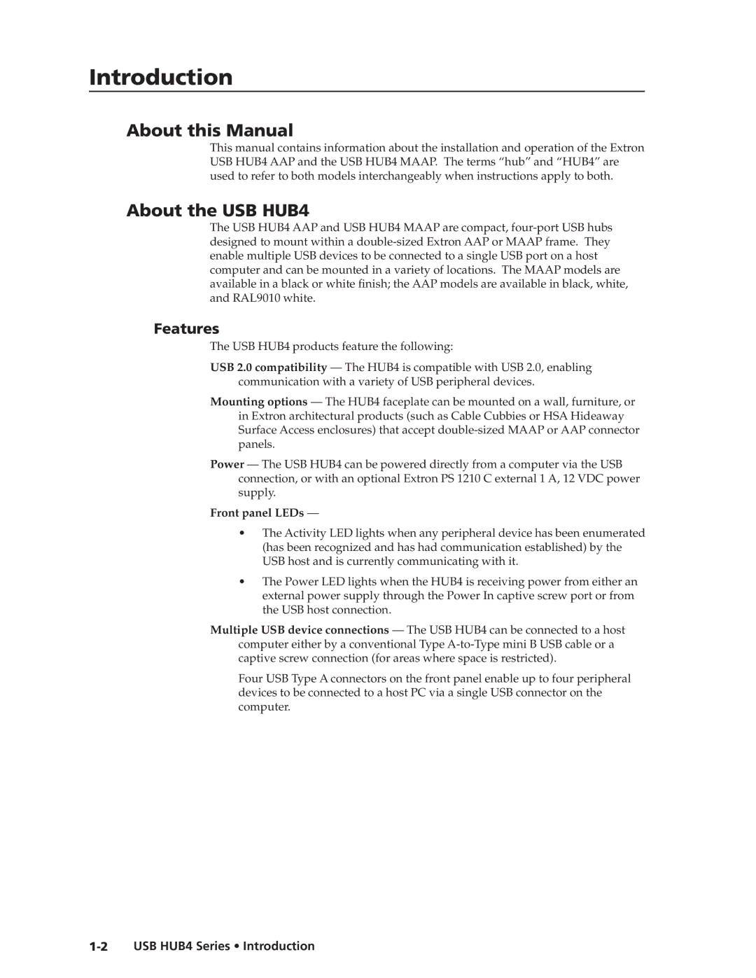 Extron electronic MAAP manual About this Manual, About the USB HUB4, Features, USB HUB4 Series Introduction 