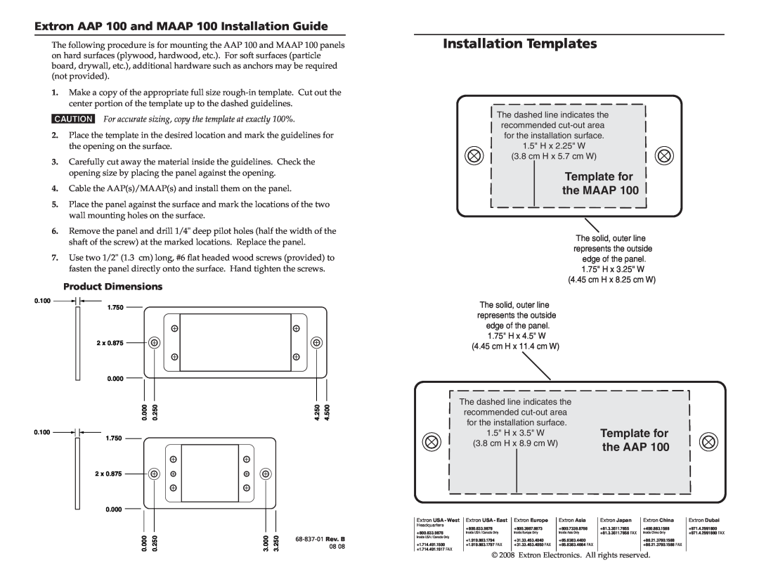 Extron electronic AAP 100 MD dimensions Installation Templates, Extron AAP 100 and MAAP 100 Installation Guide, the AAP 
