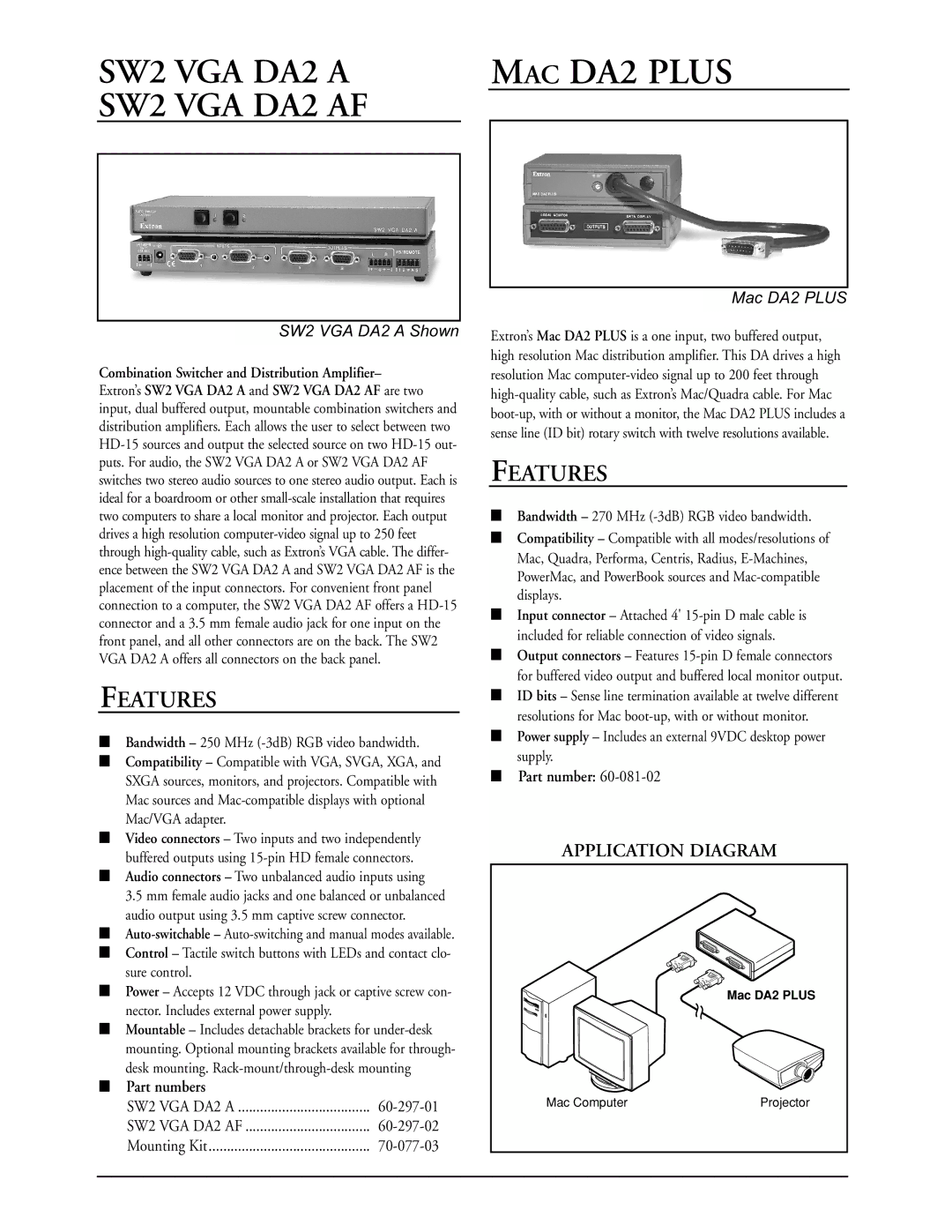 Extron electronic MAC manual SW2 VGA DA2 AF, SW2 VGA DA2 a Shown, Mac DA2 Plus 