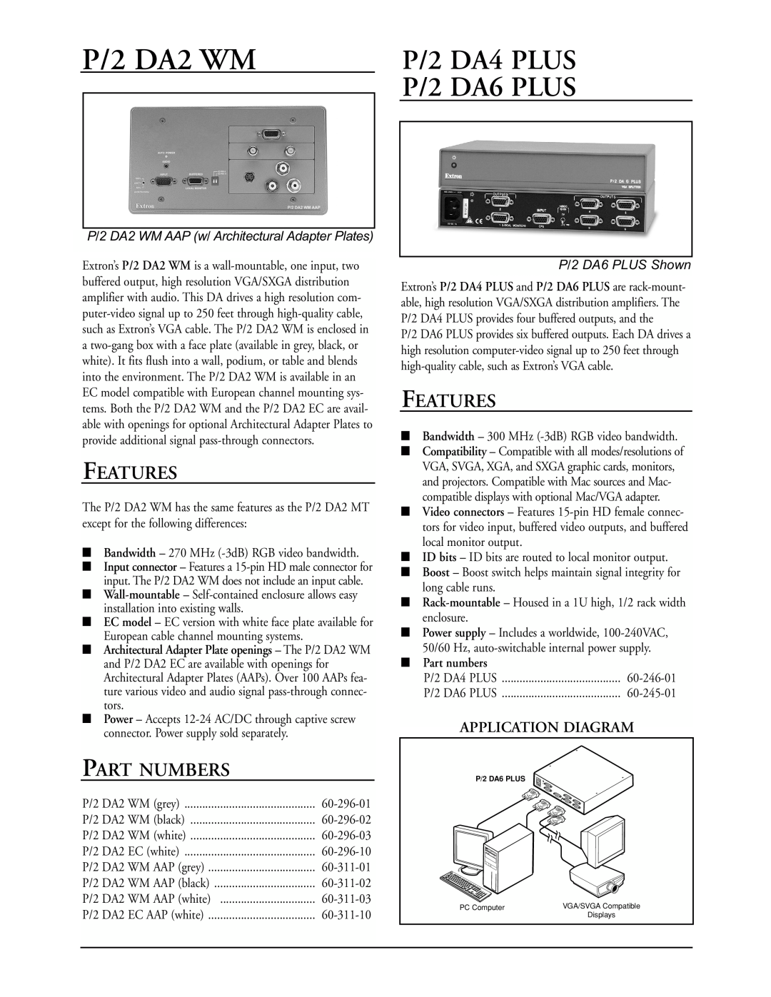 Extron electronic MAC manual P/2 DA4 PLUS P/2 DA6 PLUS, Part Numbers, P/2 DA2 WM AAP w/ Architectural Adapter Plates 