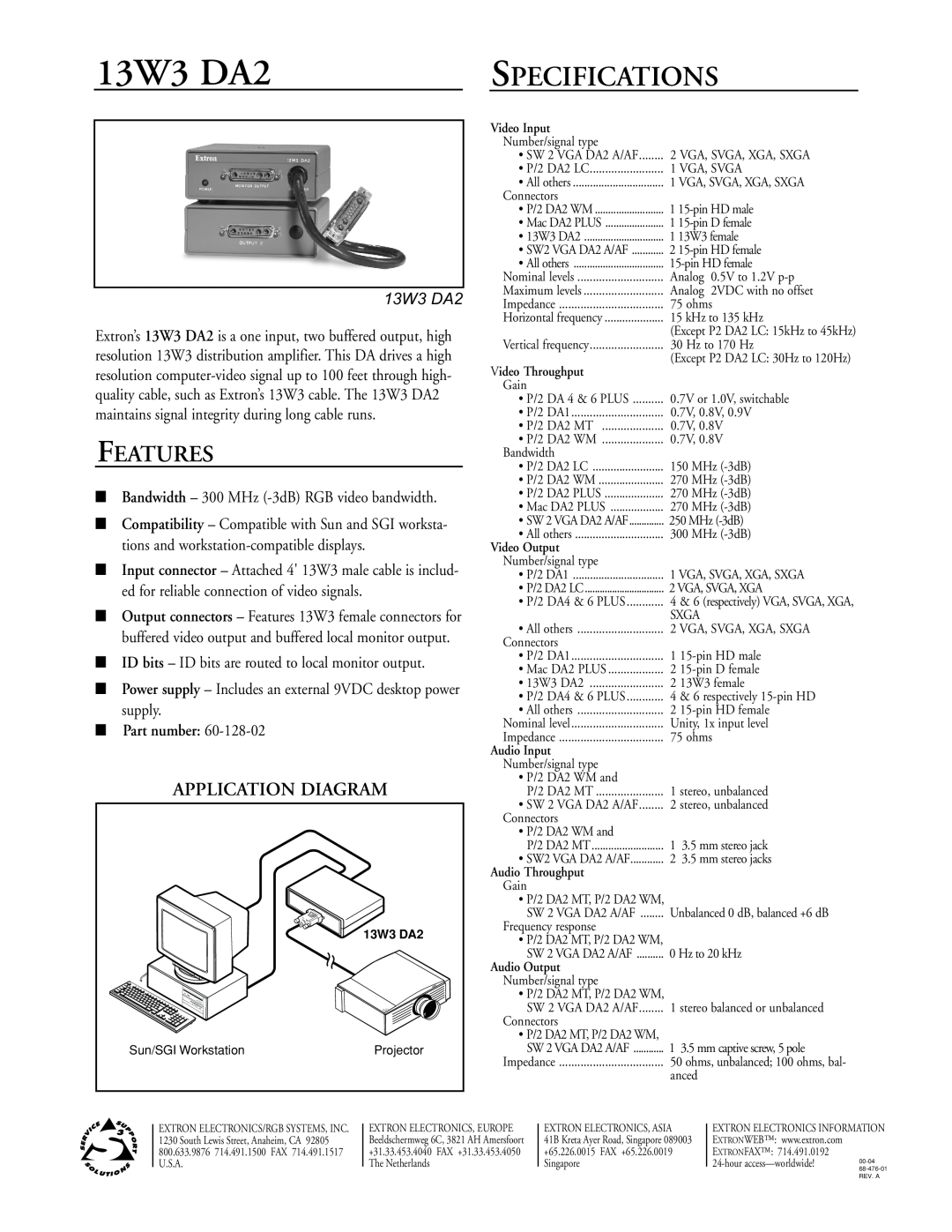 Extron electronic MAC manual 13W3 DA2, Specifications, Features, Application Diagram, Part number 