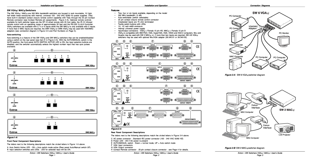 Extron electronic VGAXI manual SW VGAxi / MACxi Switchers, Features, Installation and Operation, Connection Diagrams 