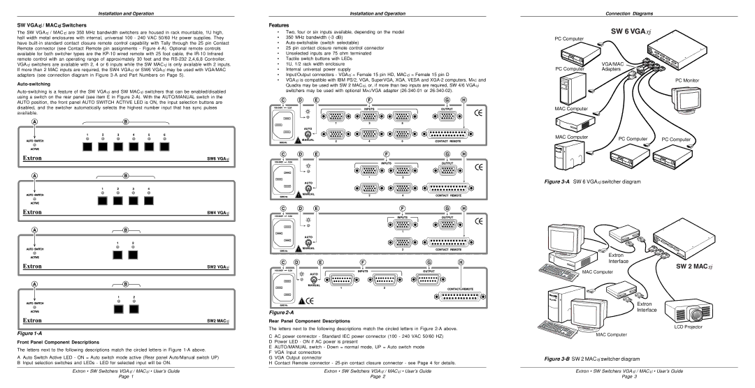 Extron electronic VGAXI manual SW VGAxi / MACxi Switchers, Features, Installation and Operation, Connection Diagrams 