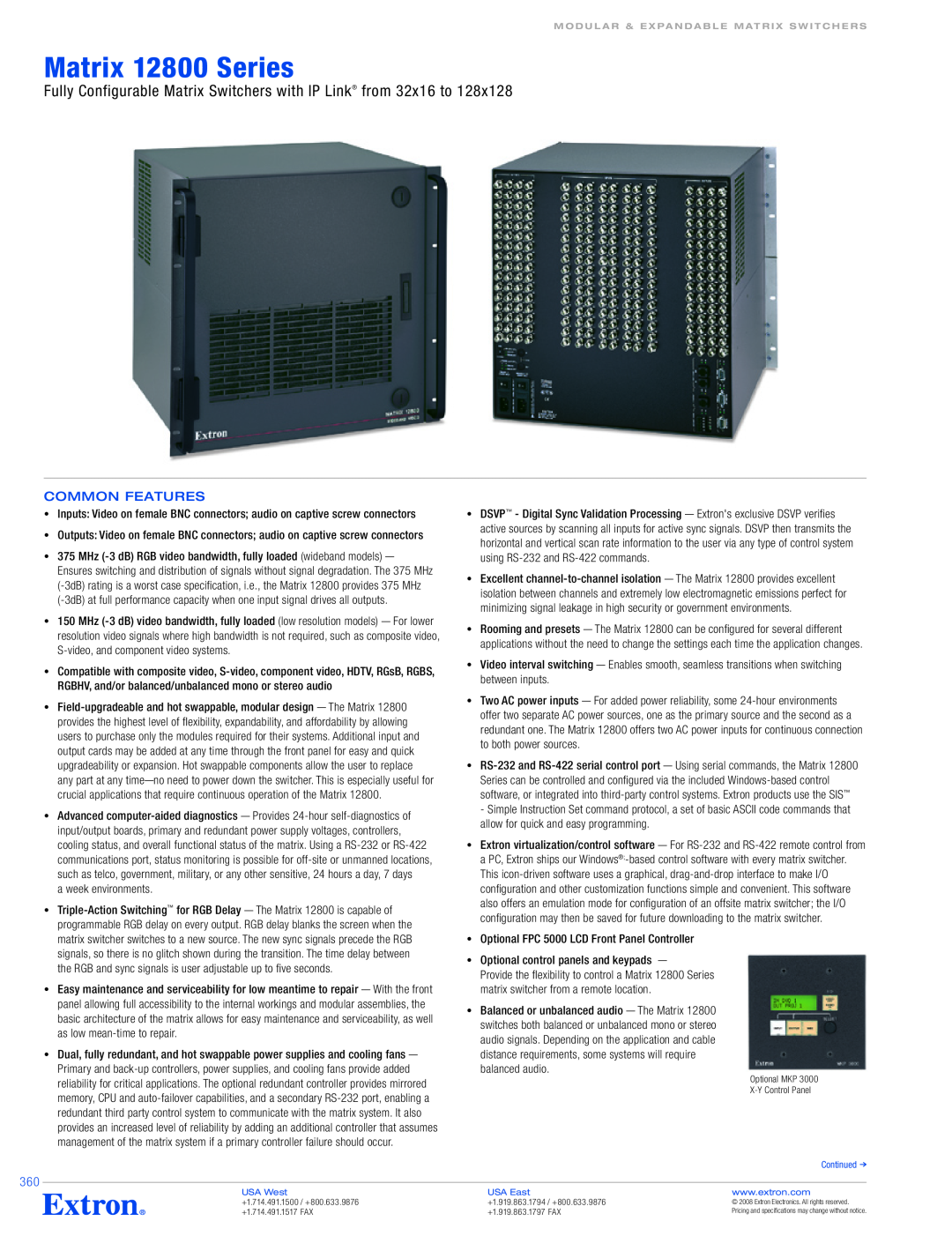 Extron electronic Matrix 12800 Series specifications Fully Configurable Matrix Switchers with IP Link from 32x16 to 