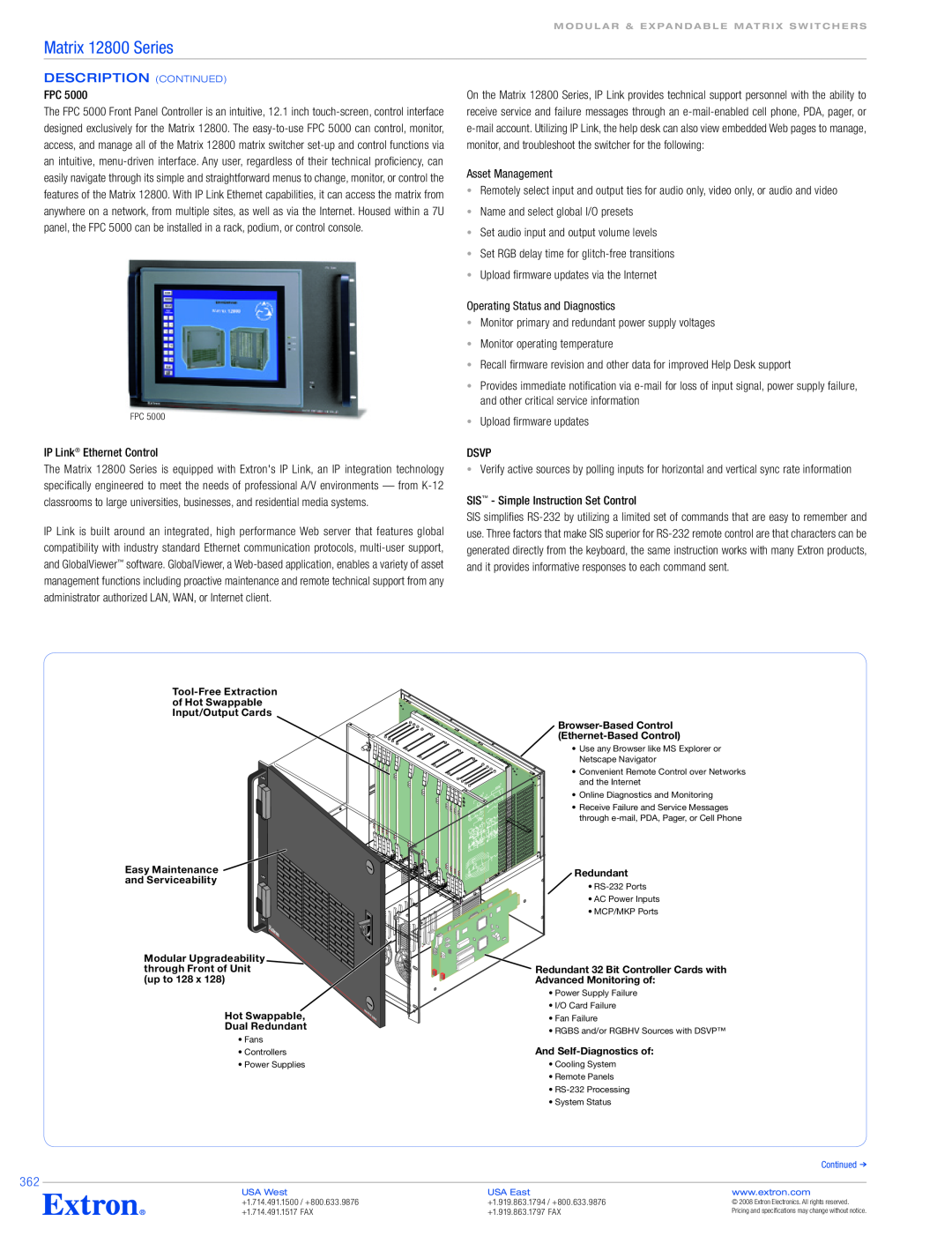 Extron electronic Matrix 12800 Series specifications Description continued 