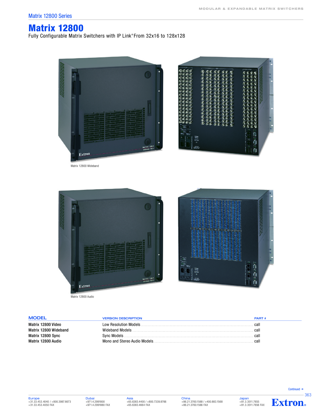 Extron electronic Matrix 12800 Series Fully Configurable Matrix Switchers with IP Link From 32x16 to, Model, call, Audio 