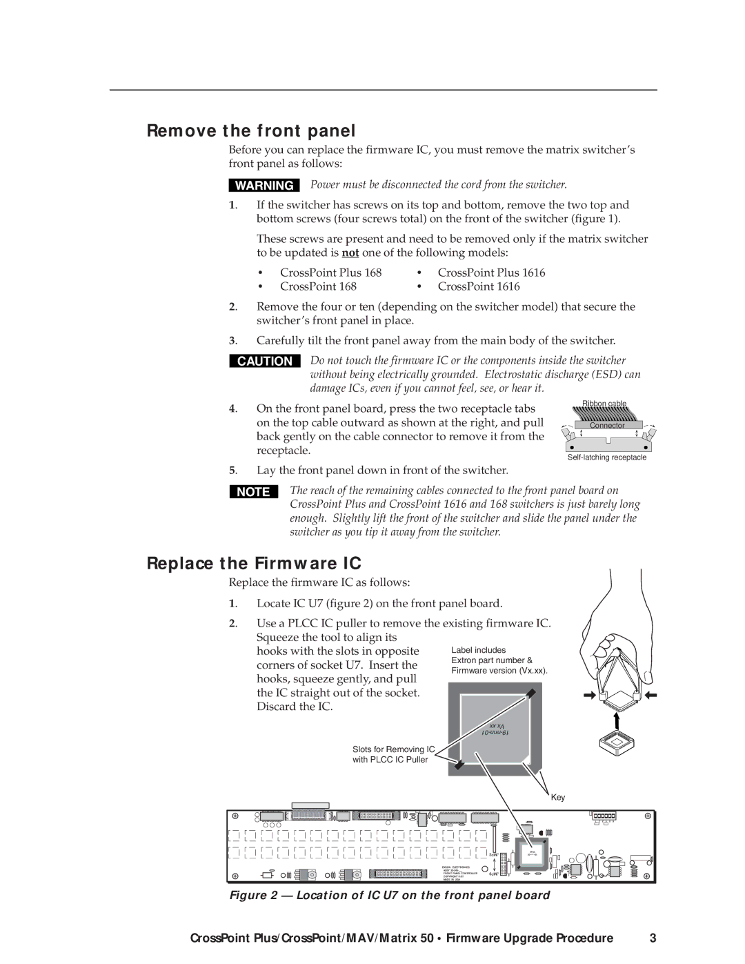 Extron electronic MATRIX 50 manual Remove the front panel, Replace the Firmware IC 