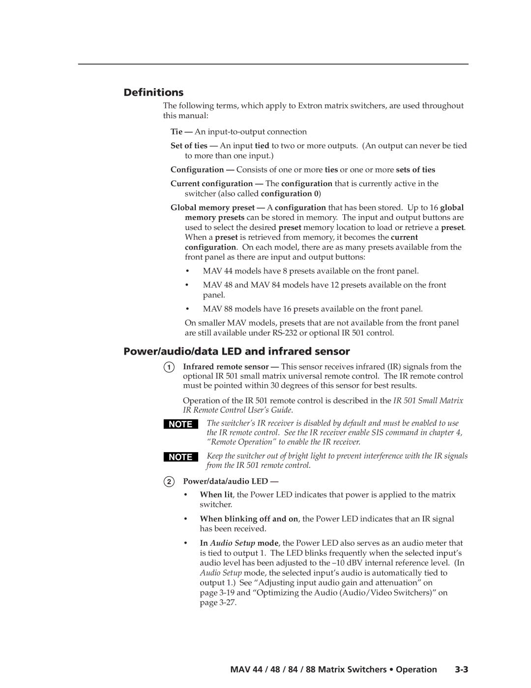 Extron electronic MAV 48, MAV 88, MAV 84, MAV 44 Definitions, Power/audio/data LED and infrared sensor, Power/data/audio LED 