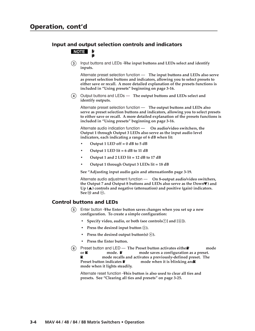 Extron electronic MAV 88 Operation, cont’d, Input and output selection controls and indicators, Control buttons and LEDs 