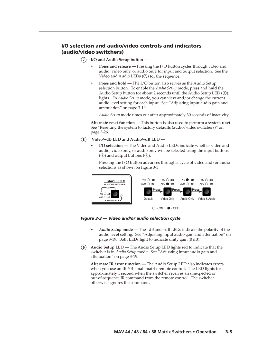 Extron electronic MAV 84, MAV 88, MAV 44, MAV 48 manual Audio Setup button, Video/+dB LED and Audio/-dB LED 