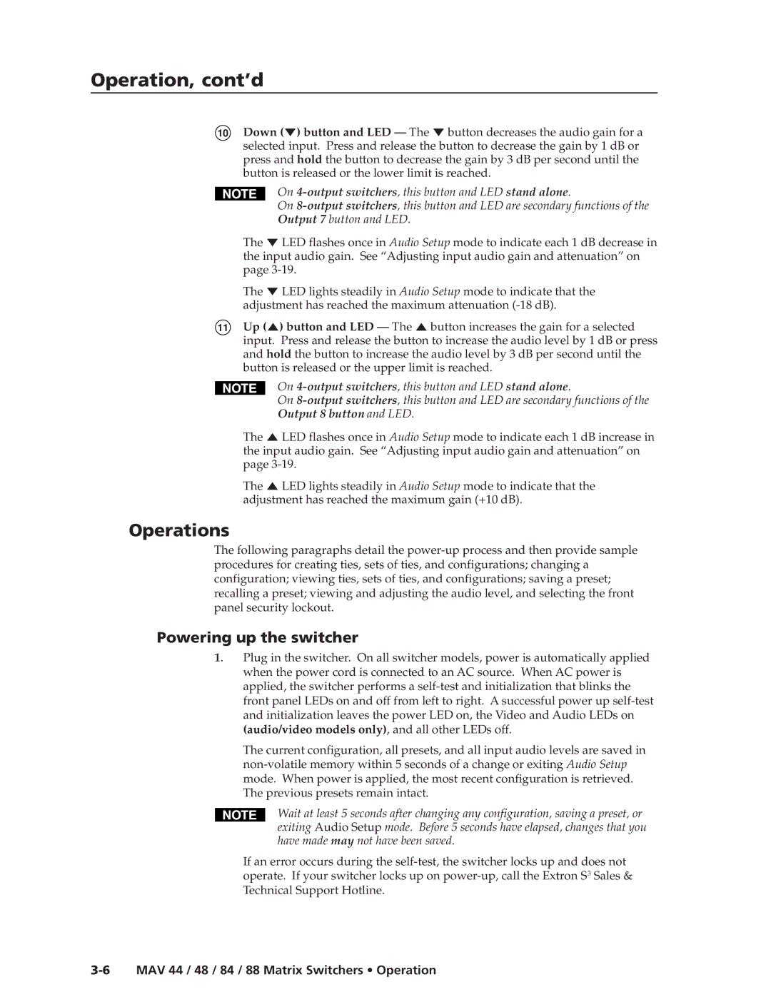 Extron electronic MAV 44, MAV 88, MAV 84, MAV 48 manual Operations, Powering up the switcher 