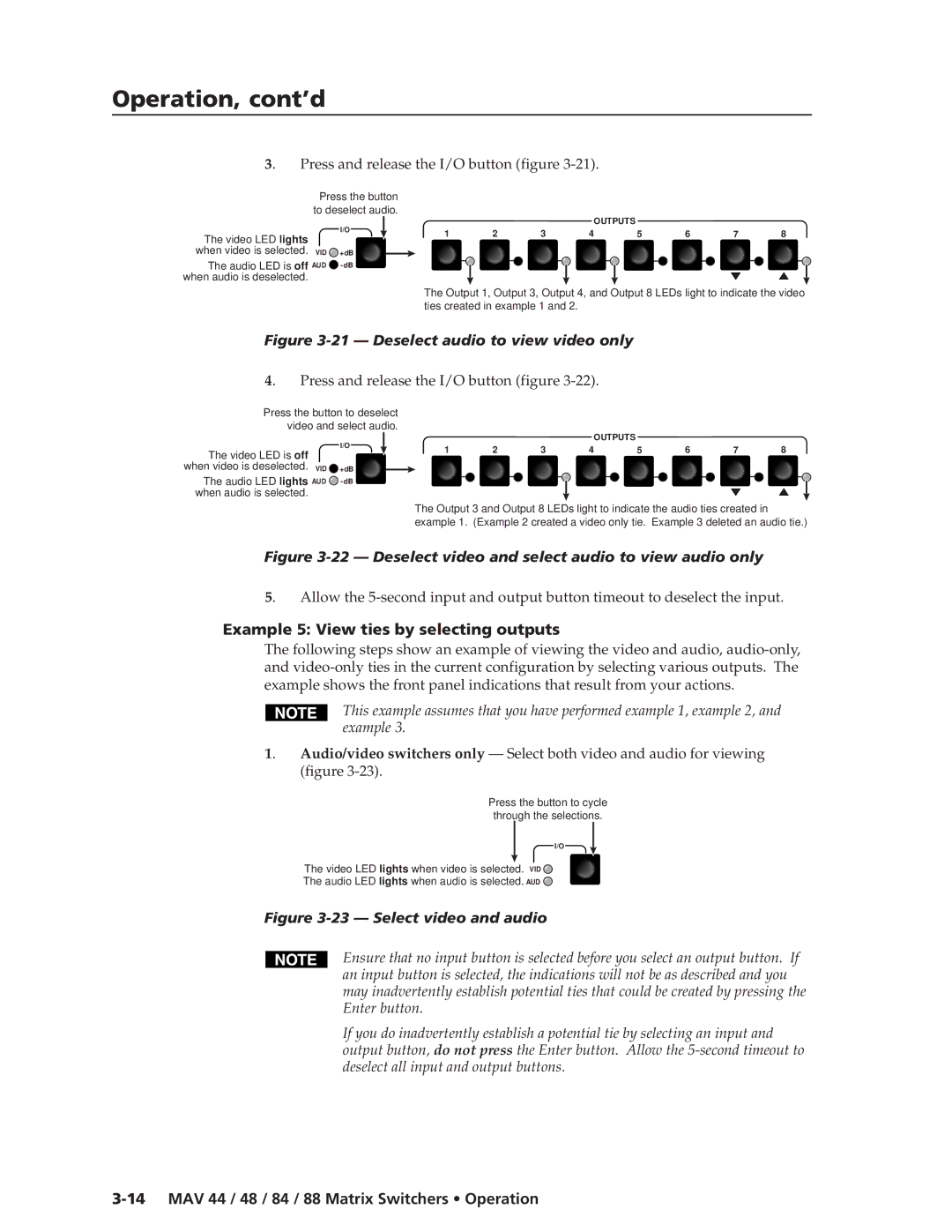 Extron electronic MAV 44, MAV 88, MAV 84 Press and release the I/O button figure, Example 5 View ties by selecting outputs 