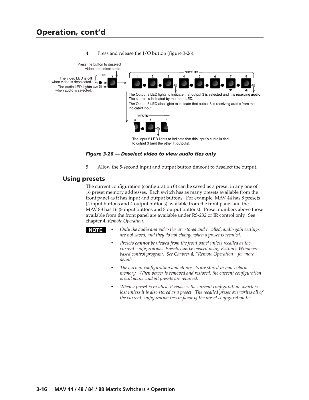 Extron electronic MAV 88, MAV 84, MAV 44, MAV 48 manual Using presets, Deselect video to view audio ties only 