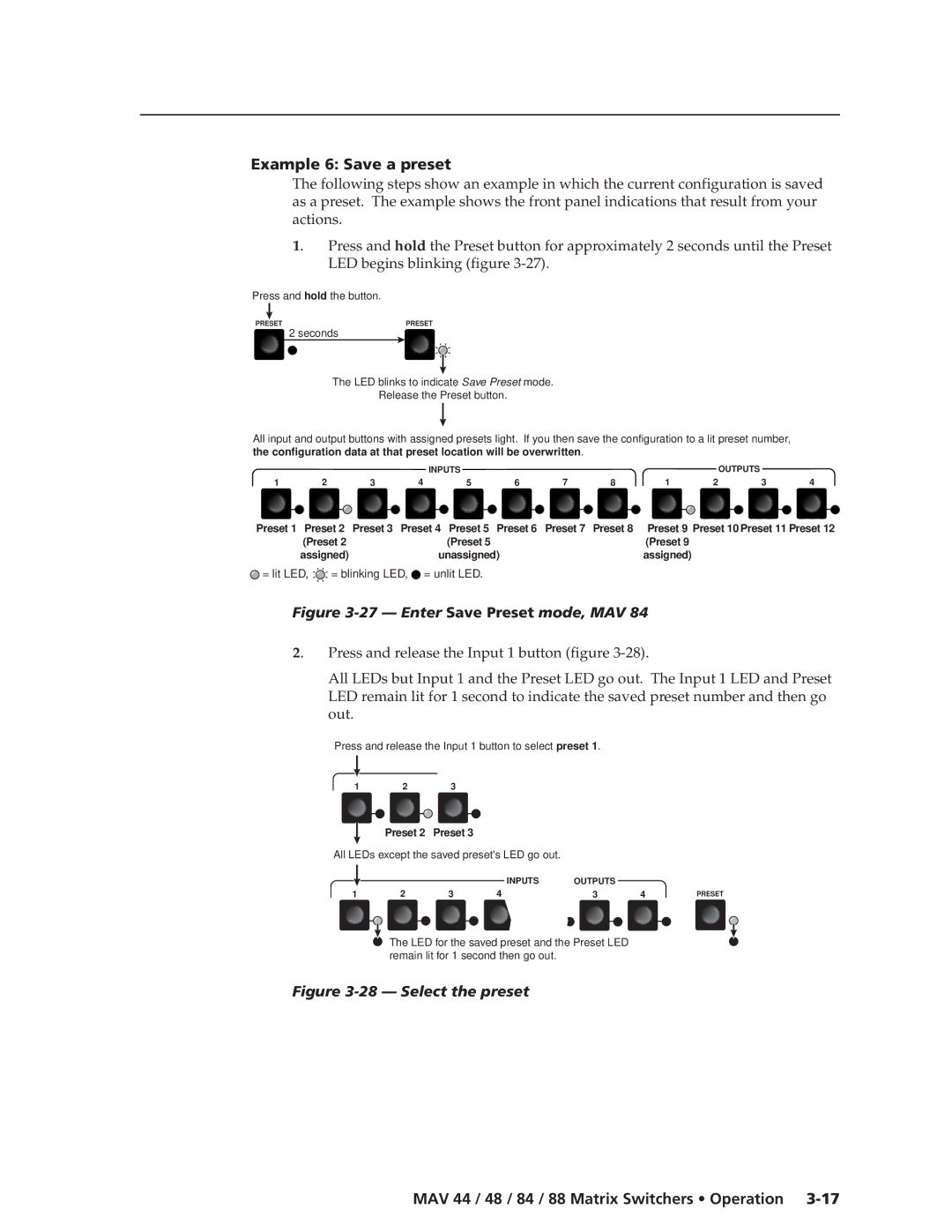 Extron electronic MAV 84, MAV 88, MAV 44, MAV 48 manual Example 6 Save a preset, Preset 2 Preset 