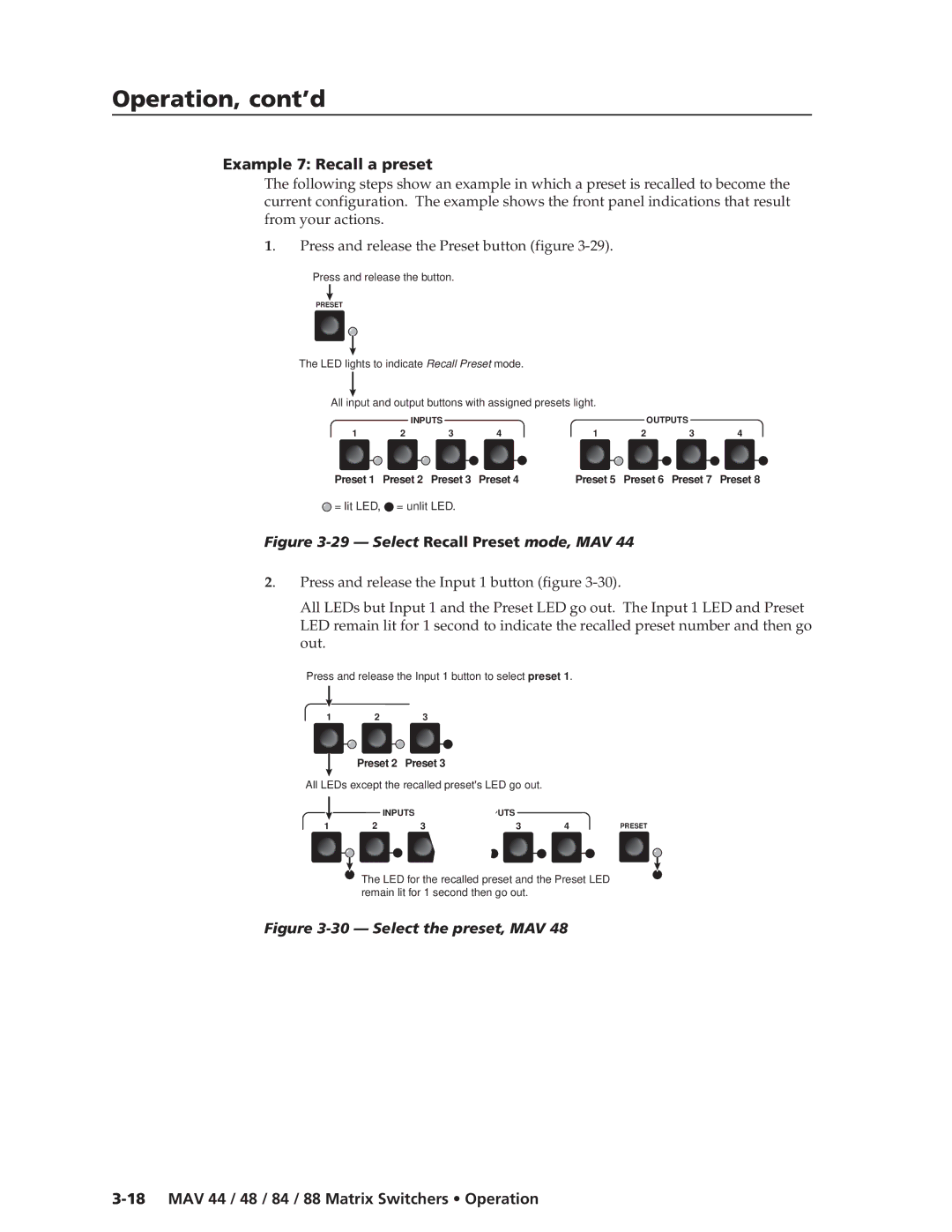 Extron electronic MAV 44, MAV 88, MAV 84, MAV 48 manual Example 7 Recall a preset, Select Recall Preset mode, MAV 