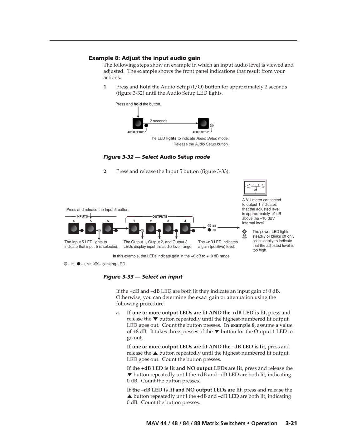 Extron electronic MAV 84, MAV 88, MAV 44, MAV 48 manual Example 8 Adjust the input audio gain, Seconds 