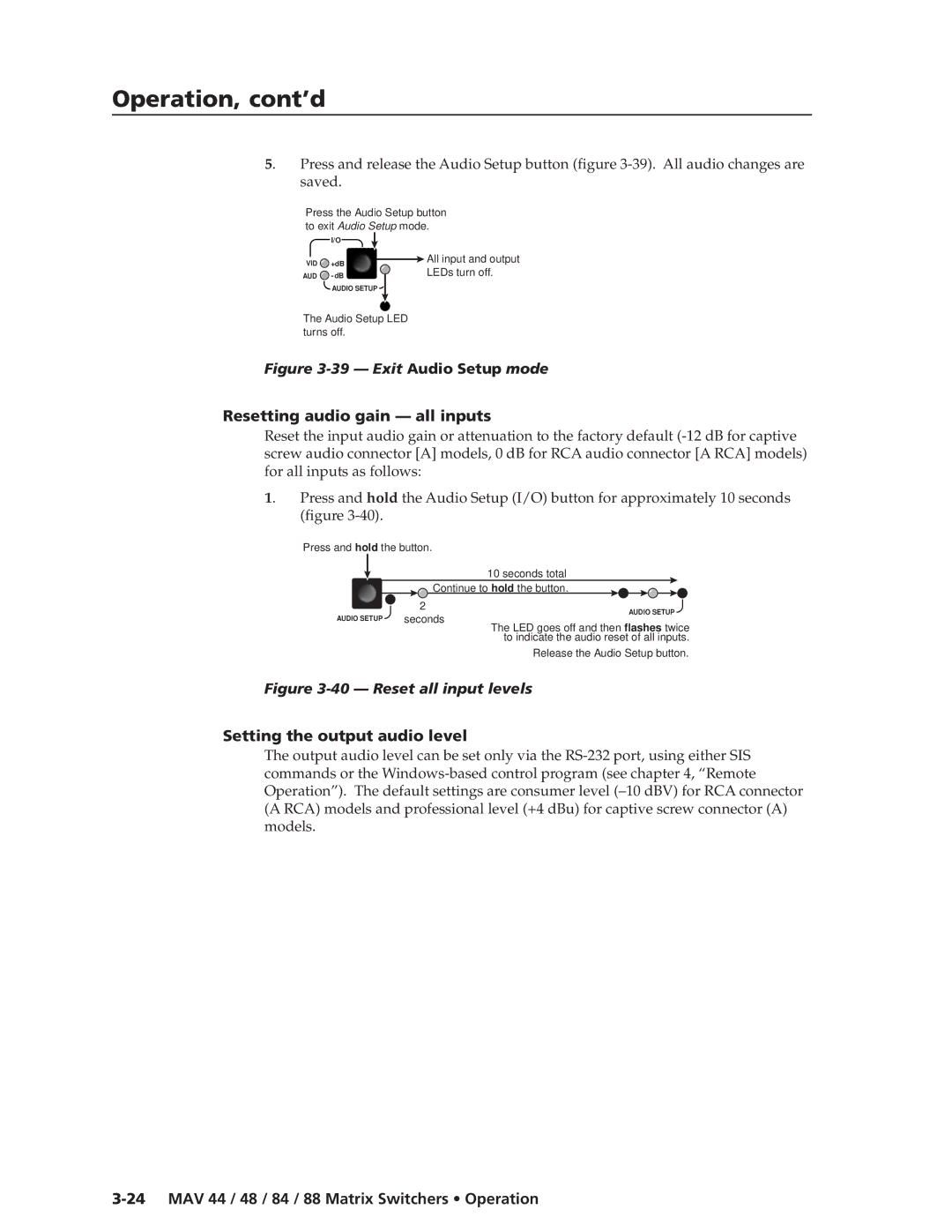 Extron electronic MAV 88, MAV 84, MAV 44, MAV 48 manual Resetting audio gain all inputs, Setting the output audio level 
