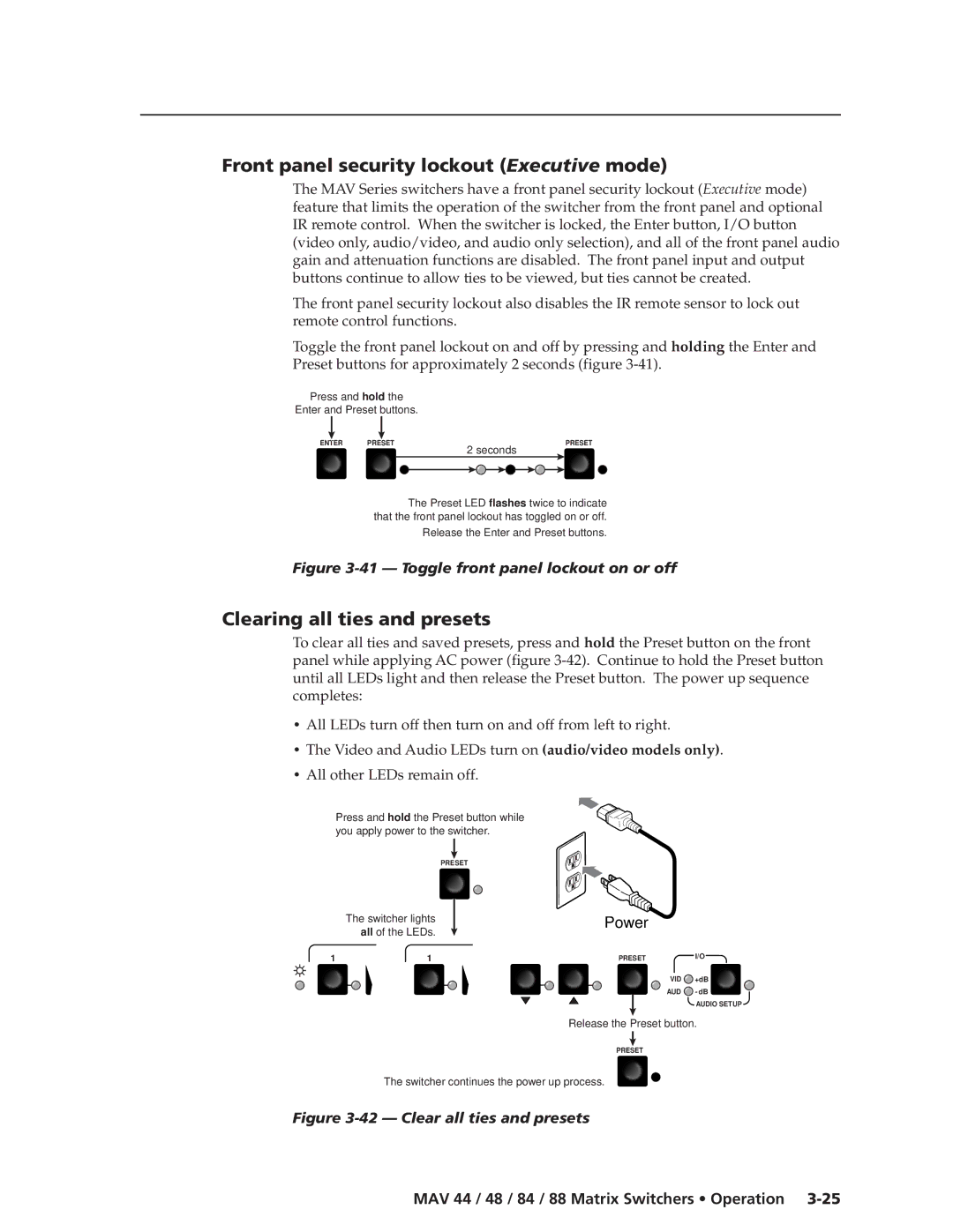 Extron electronic MAV 84, MAV 88, MAV 44, MAV 48 Front panel security lockout Executive mode, Clearing all ties and presets 