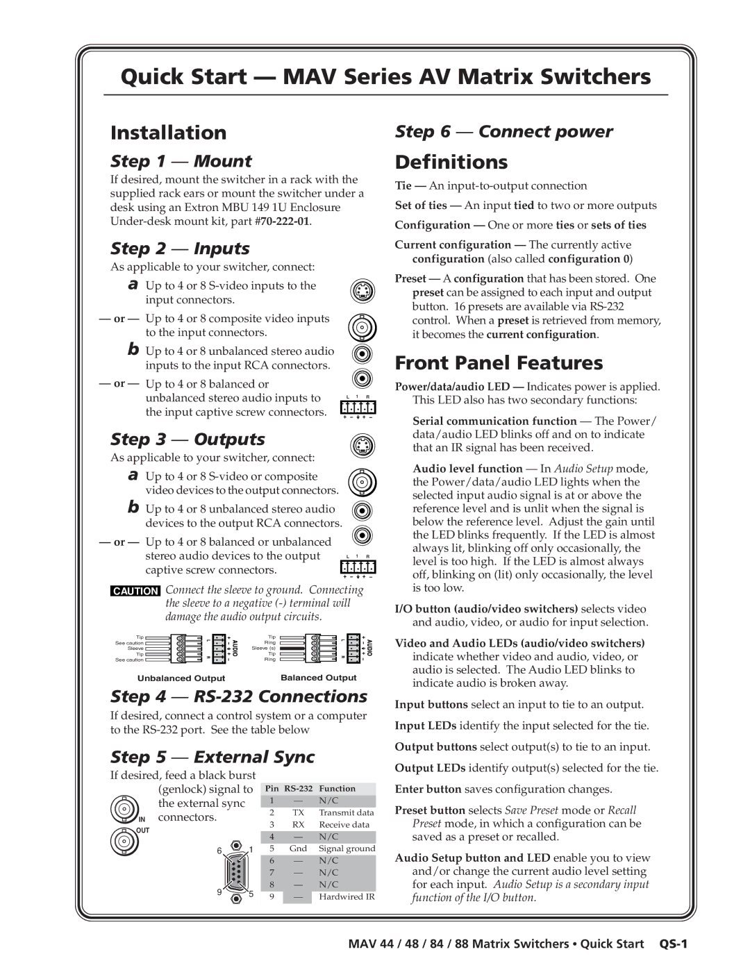 Extron electronic MAV 84, MAV 88, MAV 44, MAV 48 manual Unbalanced stereo audio inputs to, Stereo audio devices to the output 