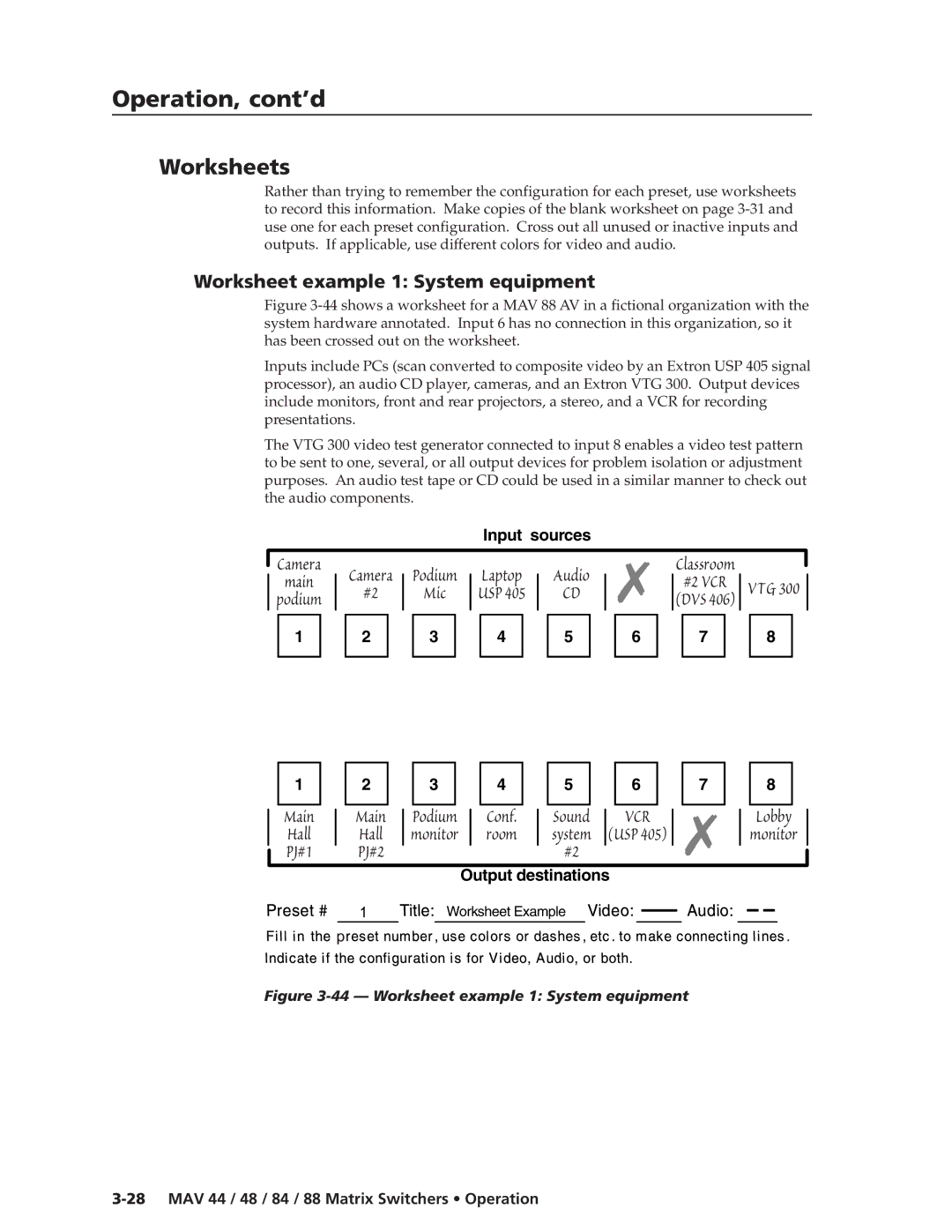 Extron electronic MAV 88, MAV 84, MAV 44, MAV 48 manual Worksheets, Worksheet example 1 System equipment 