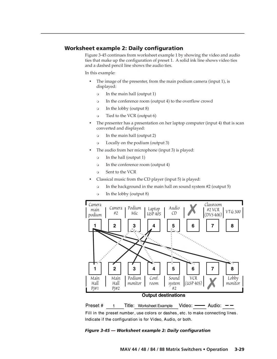 Extron electronic MAV 84, MAV 88, MAV 44, MAV 48 manual Worksheet example 2 Daily configuration 