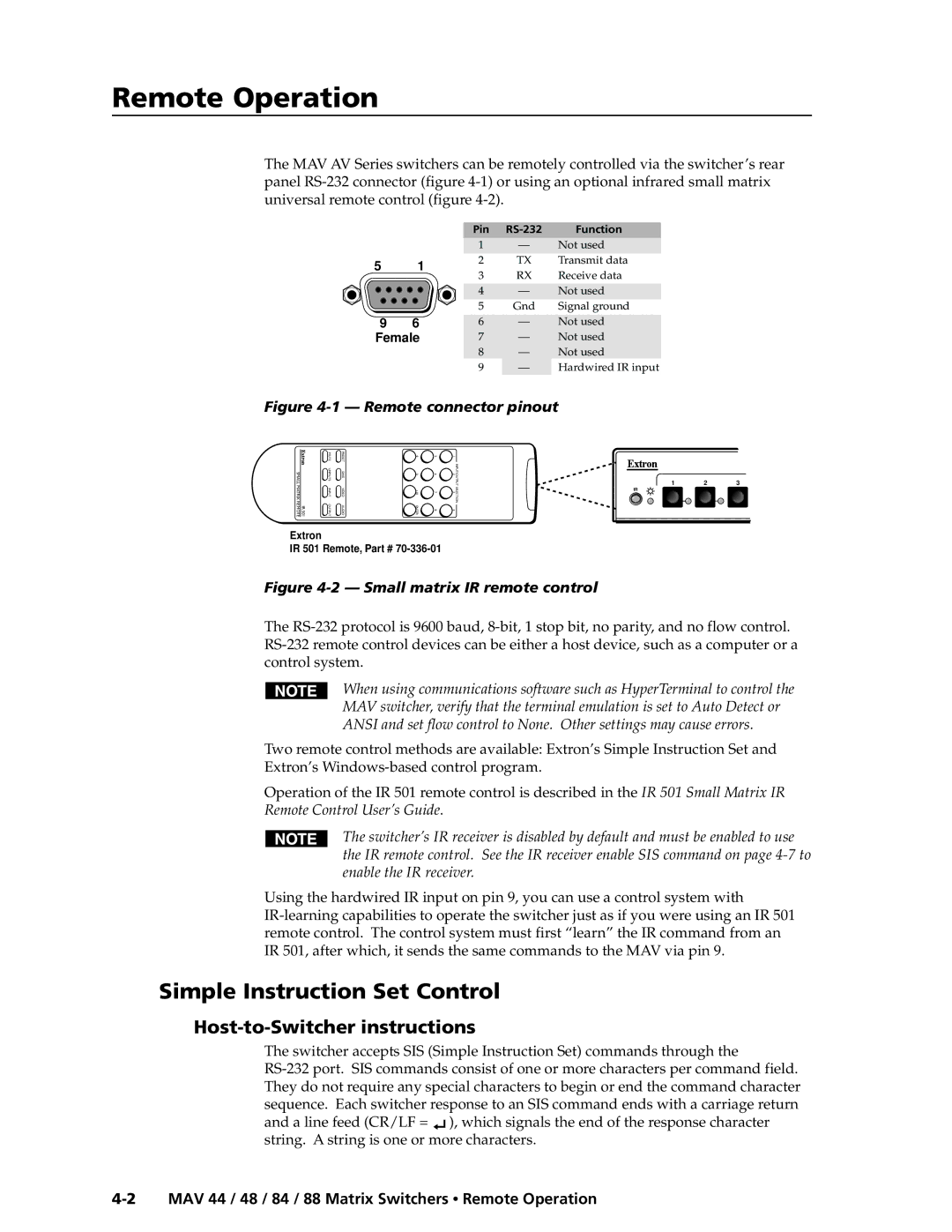 Extron electronic MAV 44, MAV 88 RemoteOperation,cont’d, Simple Instruction Set Control, Host-to-Switcher instructions 