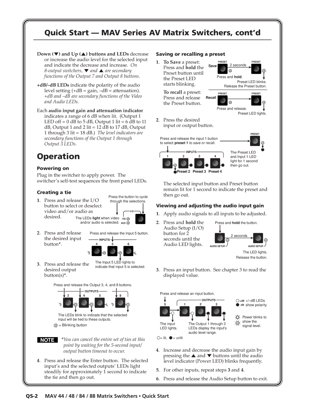 Extron electronic MAV 44 Quick Start MAV Series AV Matrix Switchers, cont’d, Saving or recalling a preset, Powering on 
