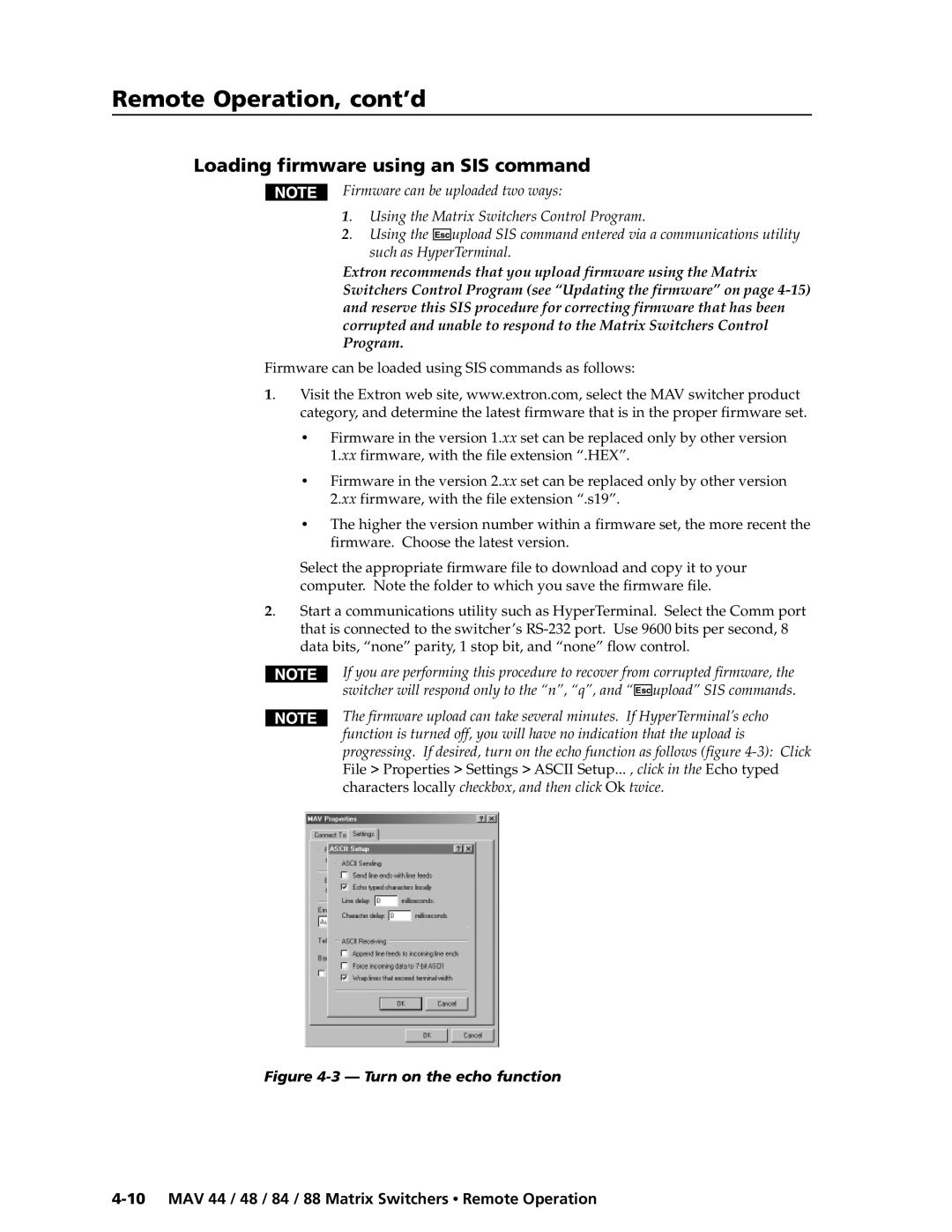 Extron electronic MAV 44, MAV 88, MAV 84, MAV 48 manual Loading firmware using an SIS command, Turn on the echo function 