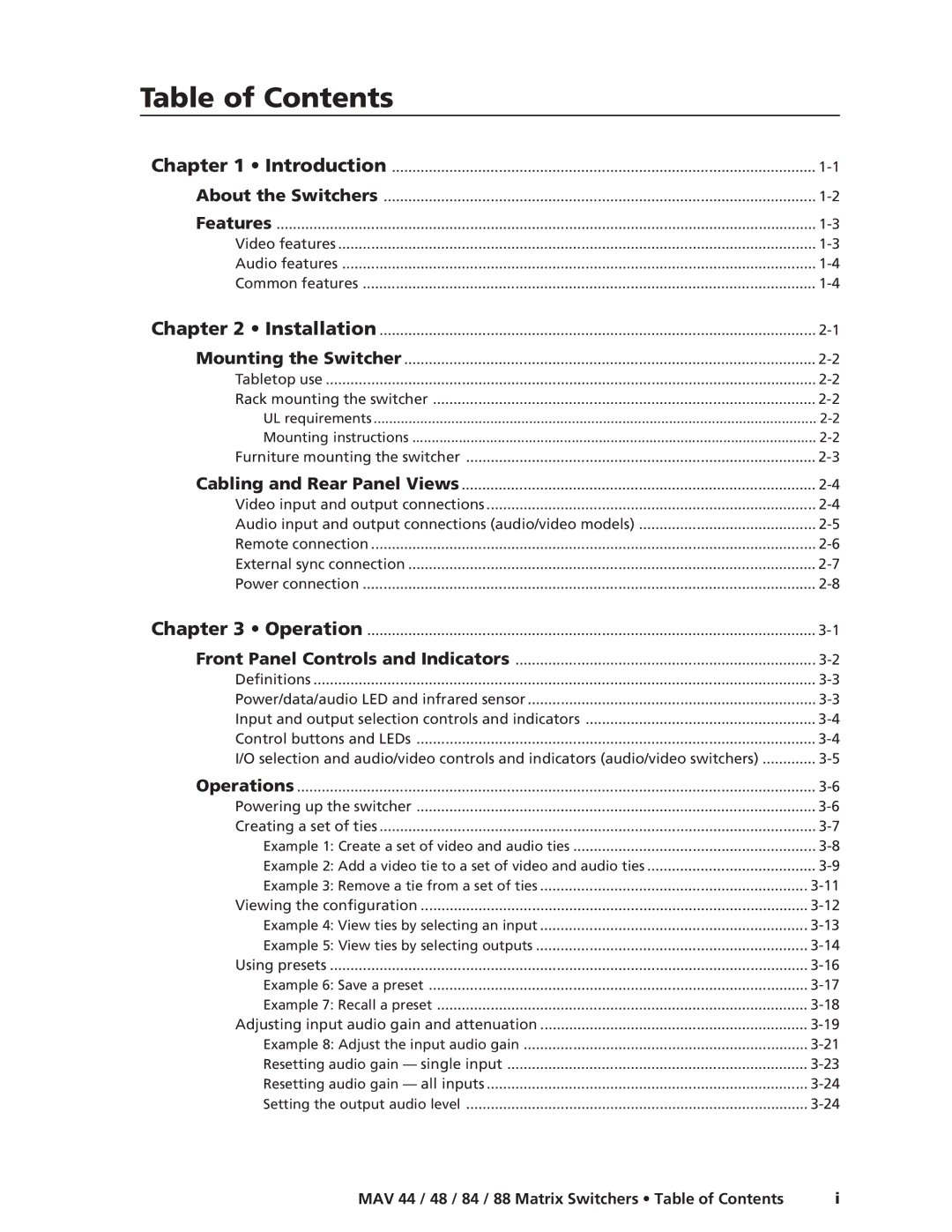 Extron electronic MAV 48, MAV 88, MAV 84, MAV 44 manual Table of Contents 