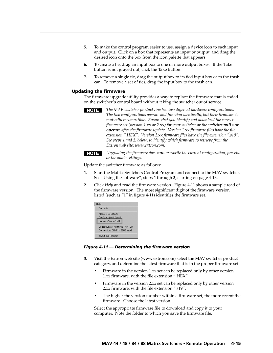 Extron electronic MAV 48, MAV 88, MAV 84, MAV 44 manual Updating the firmware, Determining the firmware version 