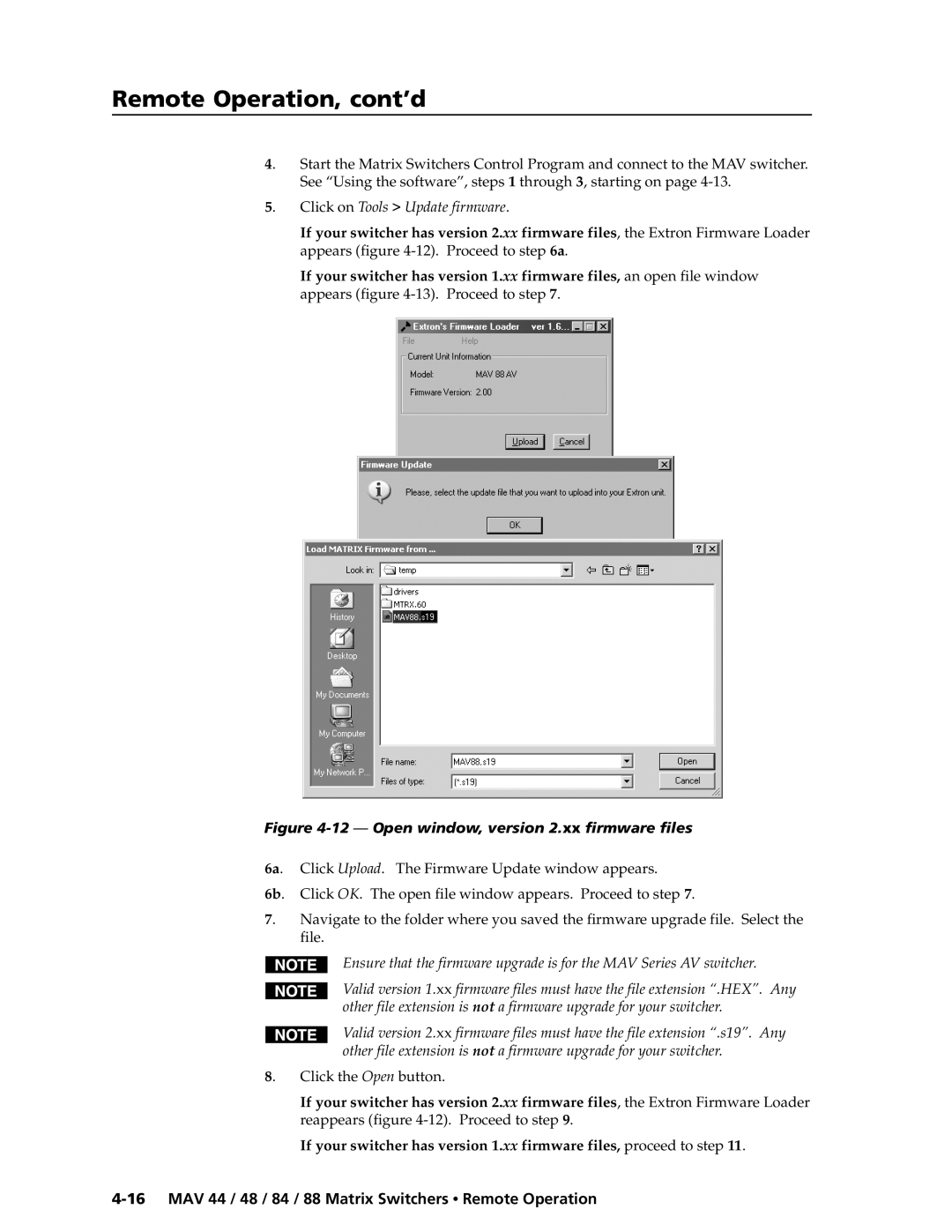 Extron electronic MAV 88, MAV 84, MAV 44, MAV 48 manual Open window, version 2.xx firmware files 