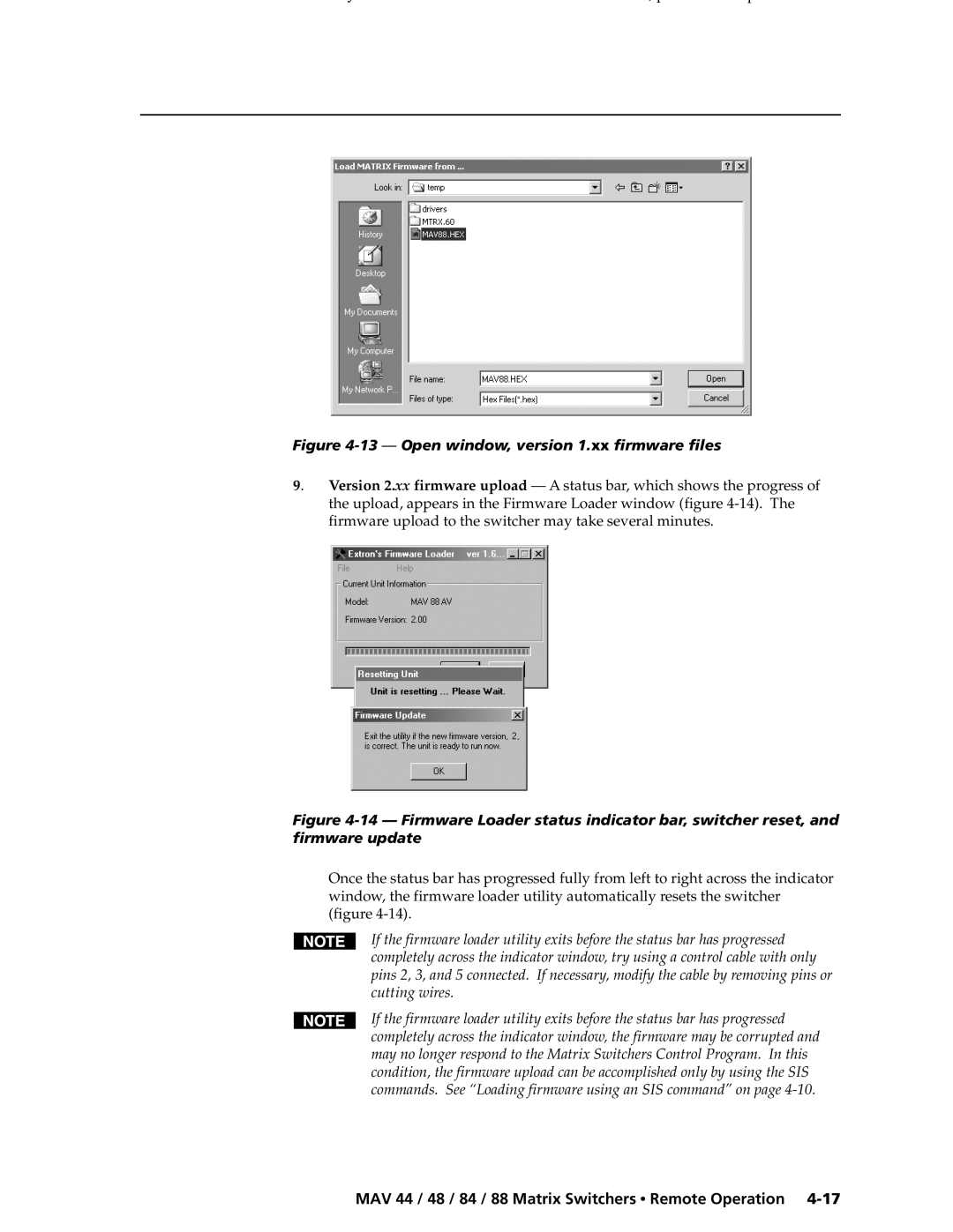 Extron electronic MAV 84, MAV 88, MAV 44, MAV 48 manual Open window, version 1.xx firmware files 