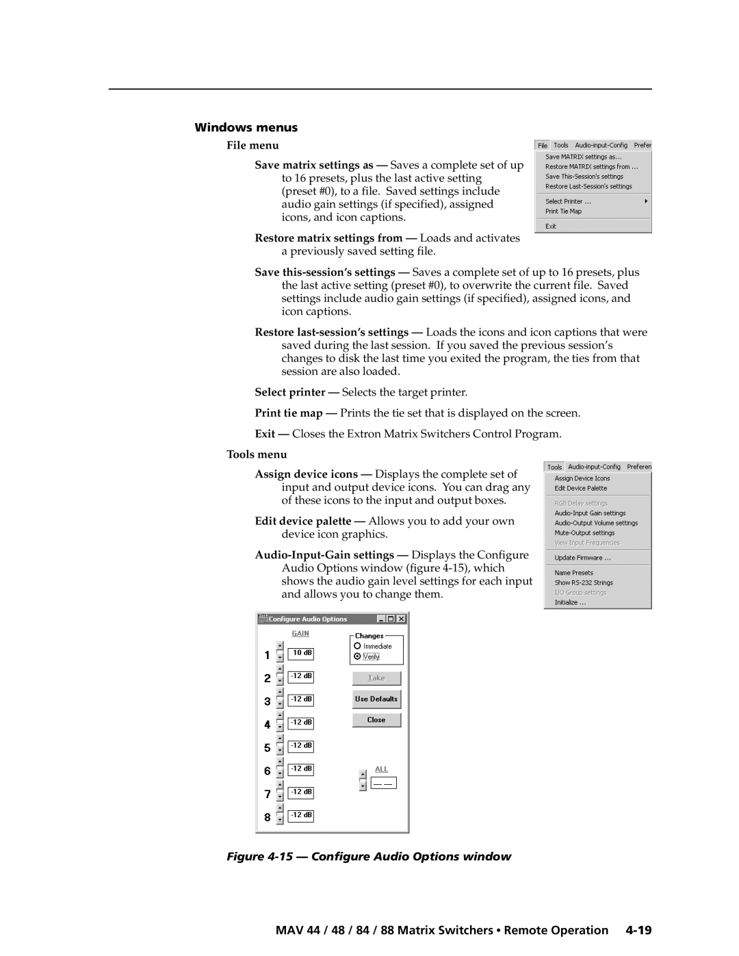 Extron electronic MAV 48, MAV 88, MAV 84, MAV 44 manual Windows menus, File menu, Tools menu 