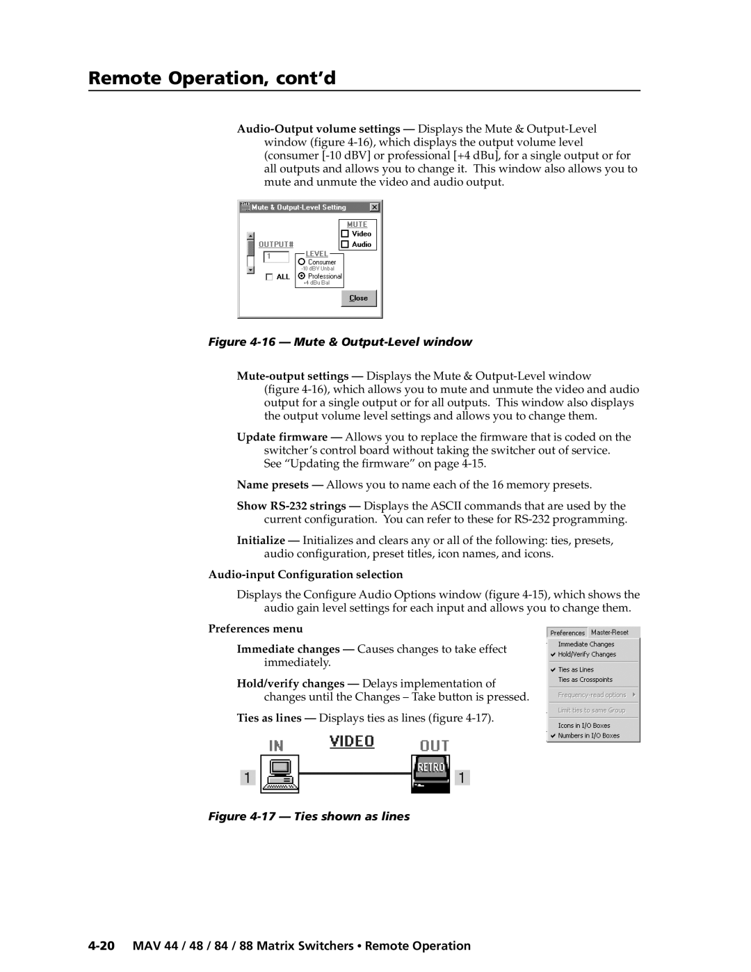 Extron electronic MAV 88, MAV 84, MAV 44, MAV 48 manual Audio-input Configuration selection, Preferences menu 