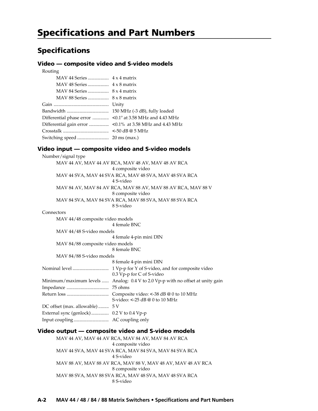 Extron electronic MAV 88, MAV 84, MAV 44, MAV 48 manual SpecificationsandandPartPartNumbers,Numberscont’d 