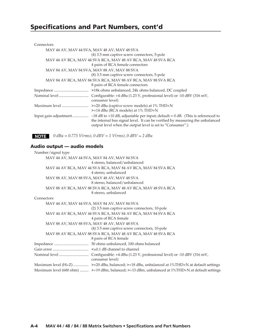 Extron electronic MAV 44, MAV 88, MAV 84, MAV 48 manual Specifications and Part Numbers, cont’d, Audio output audio models 