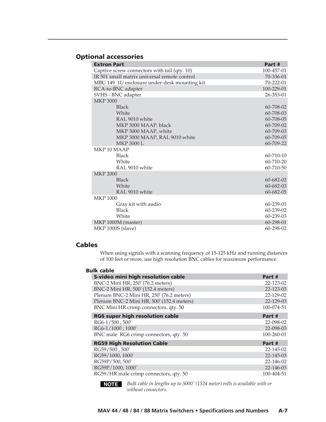 Extron electronic MAV 84, MAV 88, MAV 44, MAV 48 manual Optional accessories, Cables 