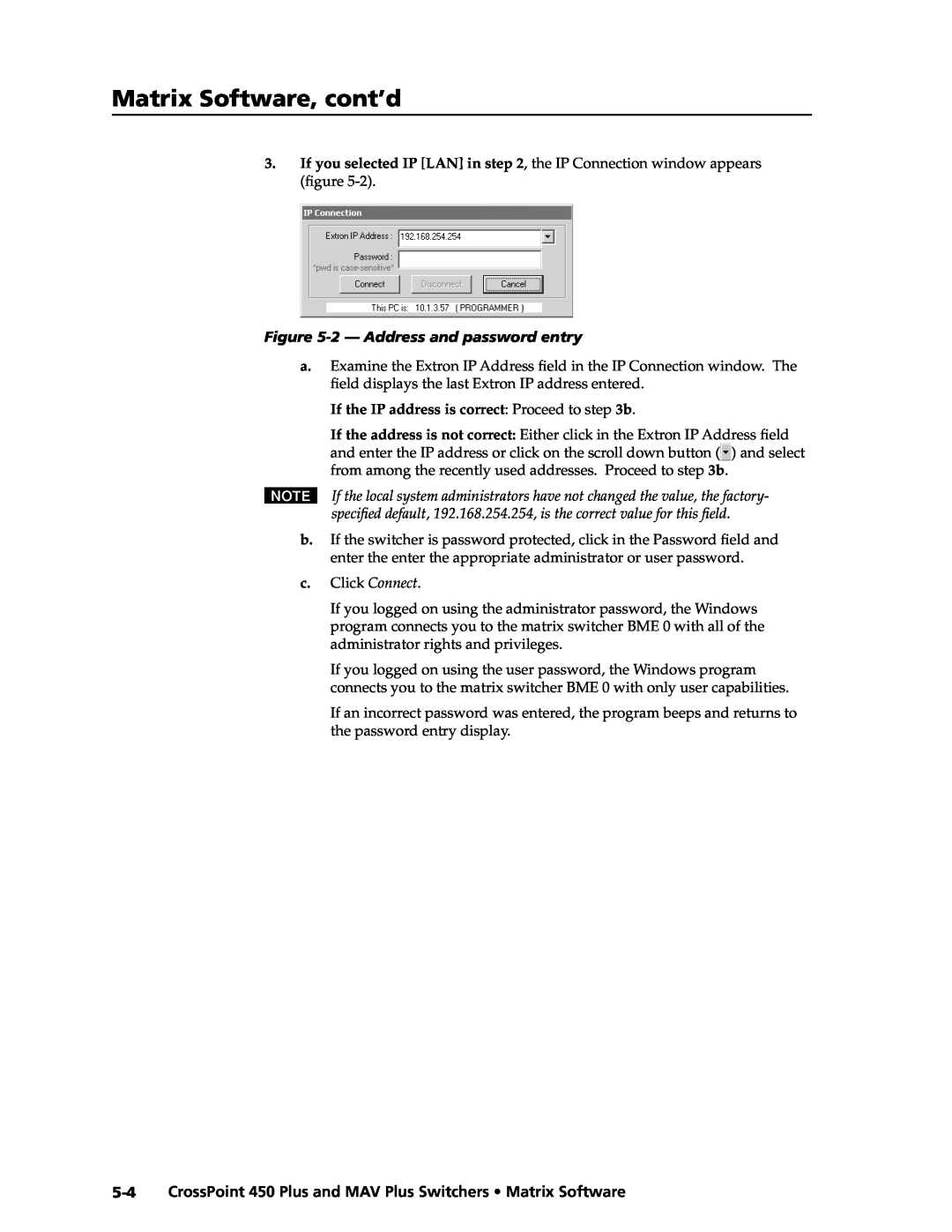 Extron electronic MAV Plus, 450 Plus manual Matrix Software, cont’d, 2 - Address and password entry 